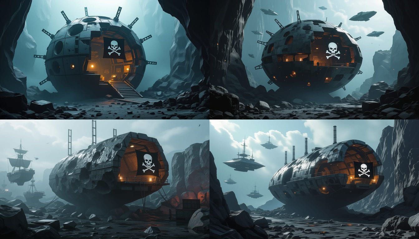 Asteroid Space Pirate Hideout with Mooring Girders