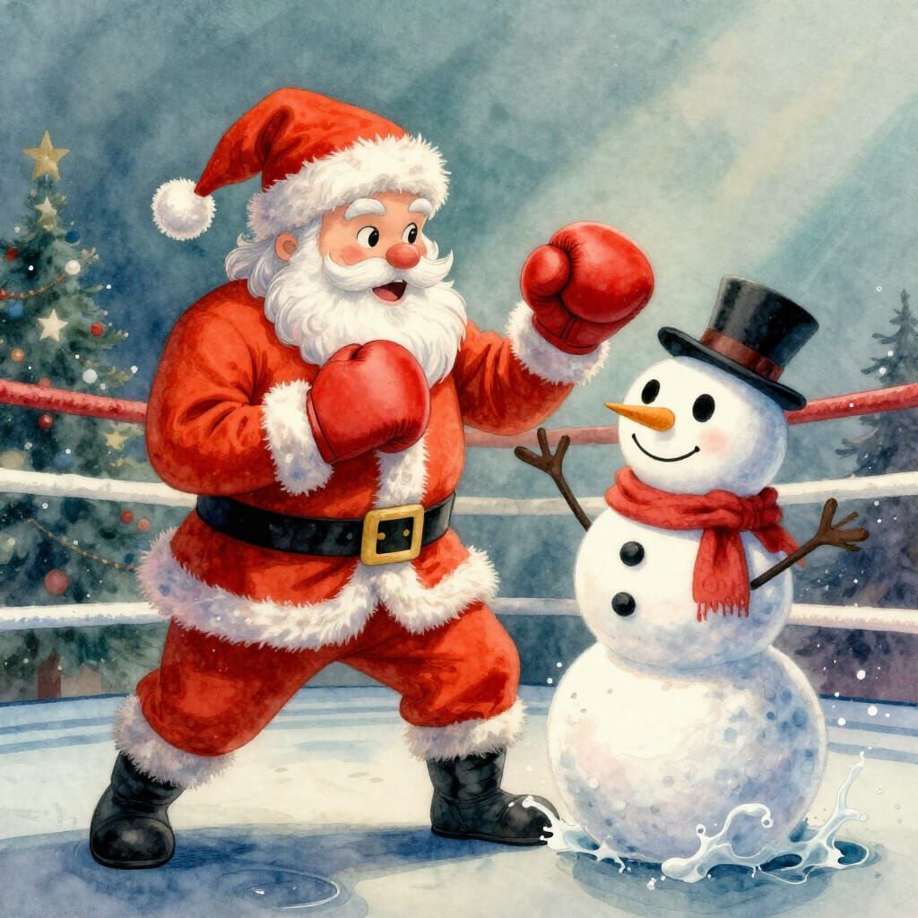 Santa Boxing Snowman in Holiday Ring - Watercolor Concept Ar...