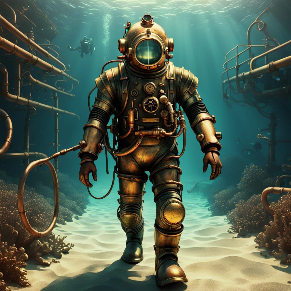Victorian Diver Exploring Ocean Floor in Golden Light