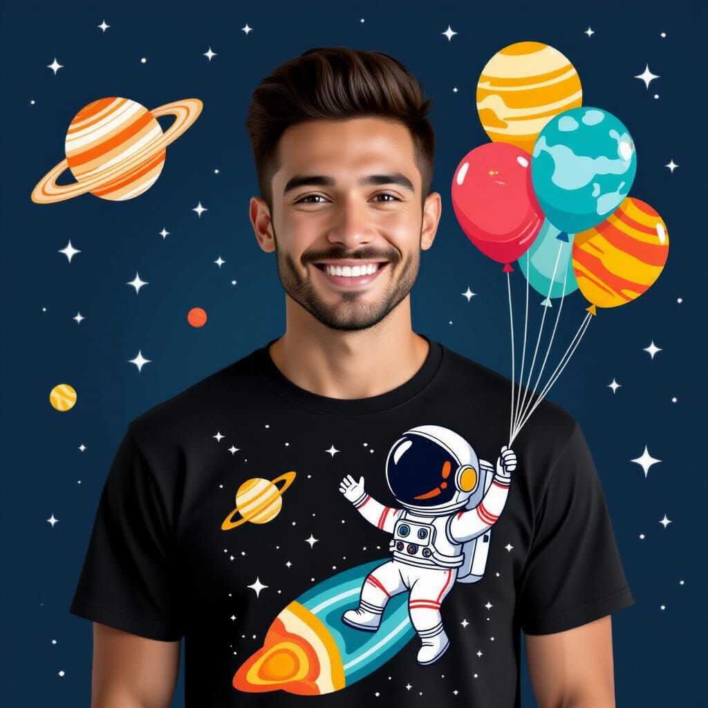 Astronaut T-Shirt Design: Man in Space Holding Planet Balloo...