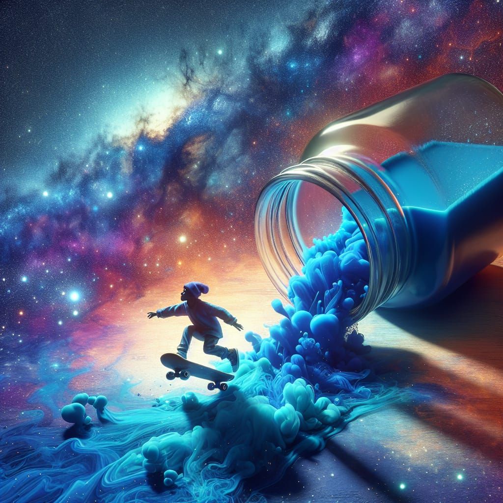 Boy Skateboarding Through Galaxy in Hyperrealistic Style