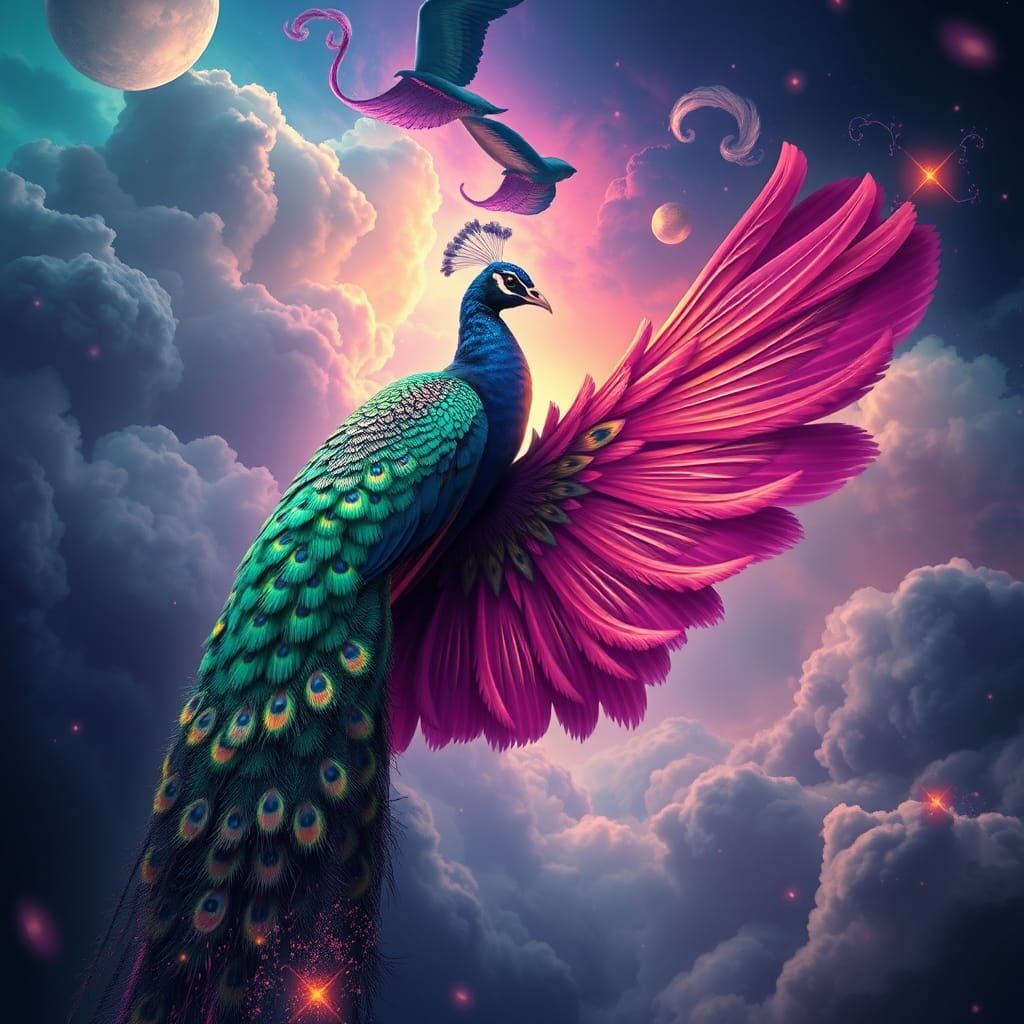 Majestic Peacock on Mythical Bird Wings