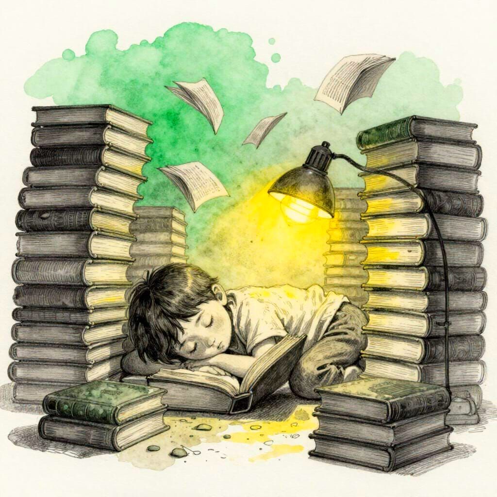 Child Asleep Amidst Flying Book Pages, Watercolour Sketch