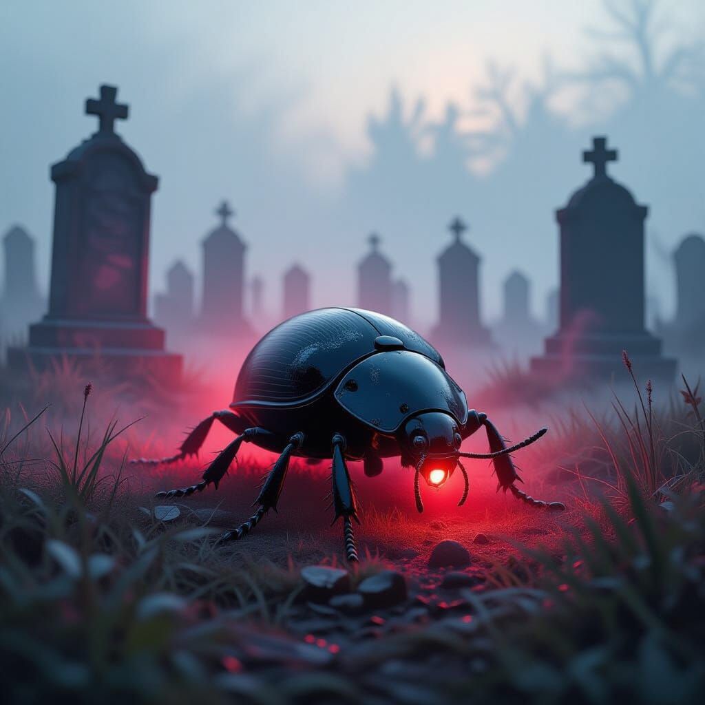 Beetle in Bio-luminescent Graveyard as Digital Art
