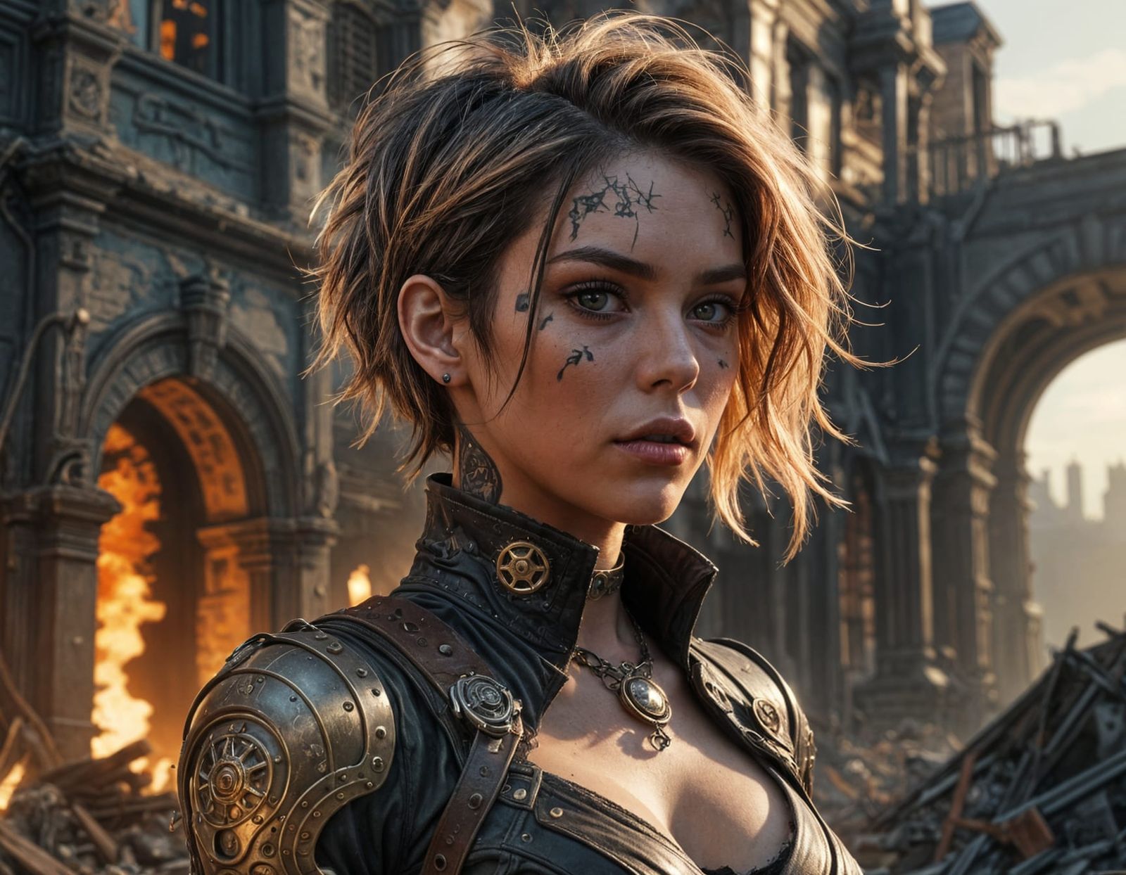 Trashpunk Woman Walks Ruined Neighborhood in Fantasycore Sty...