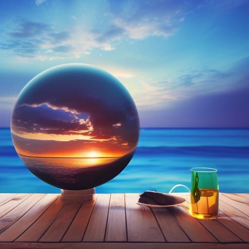 Globe on Beach at Sunset: Detailed Fantasy Art