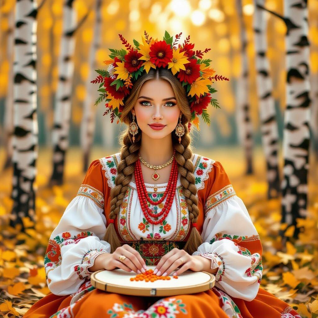 Woman in Russian Folk Attire Embroidering in Autumn Forest