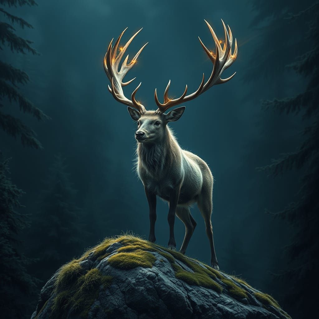 Elegant Stag in Mystical Forest, Digital Art
