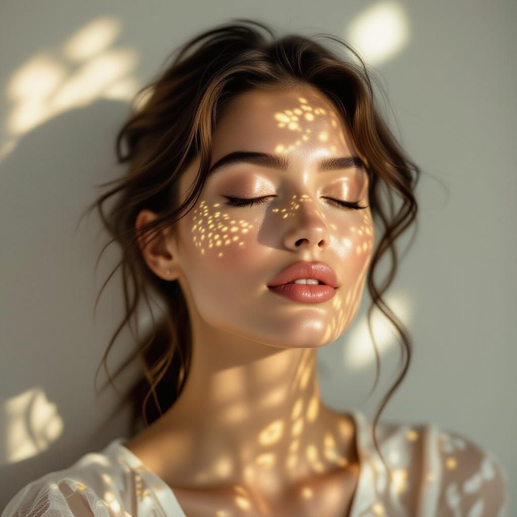 Ethereal Woman Portrait with Golden Light Patterns