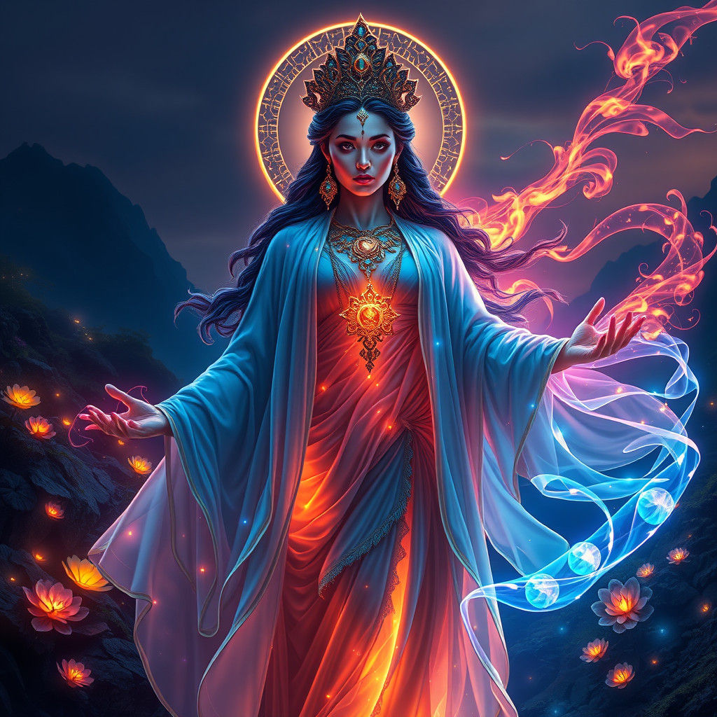 Ethereal Goddess of Hot Flashes in a Futuristic Landscape