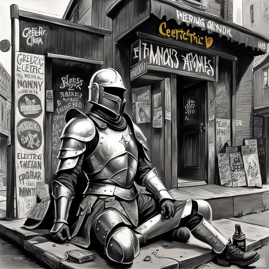 Homeless Armored Man: Black and White Graffiti Art