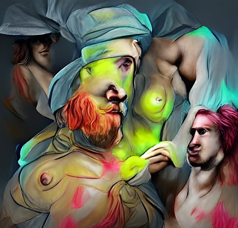 Nude Men Battle: Hyperrealistic Renaissance Neon Watercolor