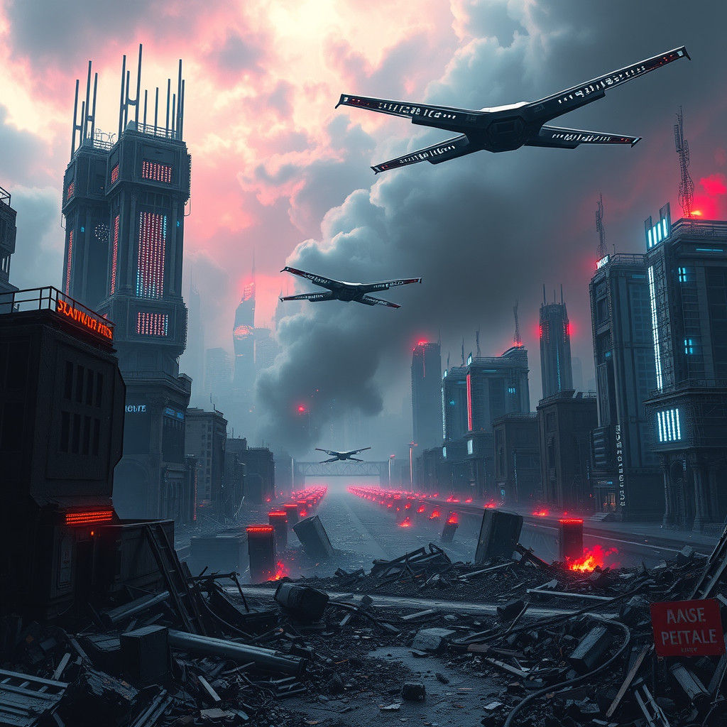 AI Overlords Rule Ravaged Metropolis in Cyberpunk Style
