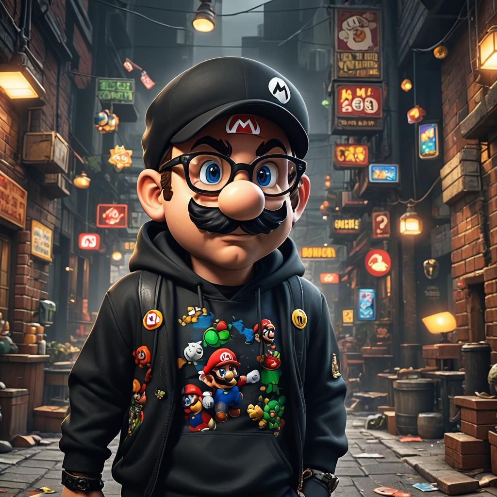Super Mario as Mafia Gangster in Black Hoodie