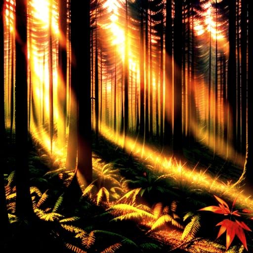 Eerie Sunset in a Misty Forest