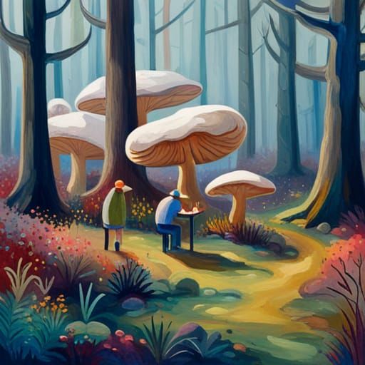 Miniature People in Forest, Gouache Style
