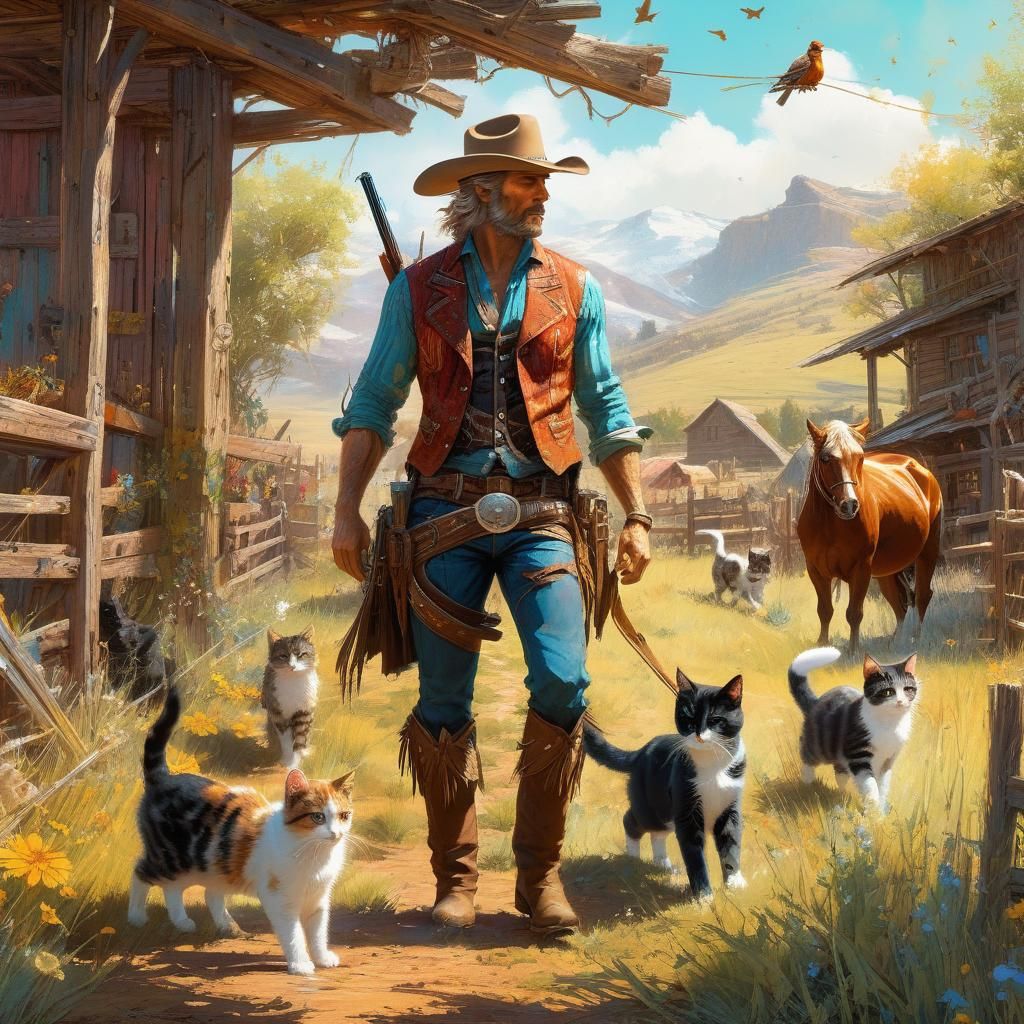 Cowboy Lassoing Kittens in Whimsical Style