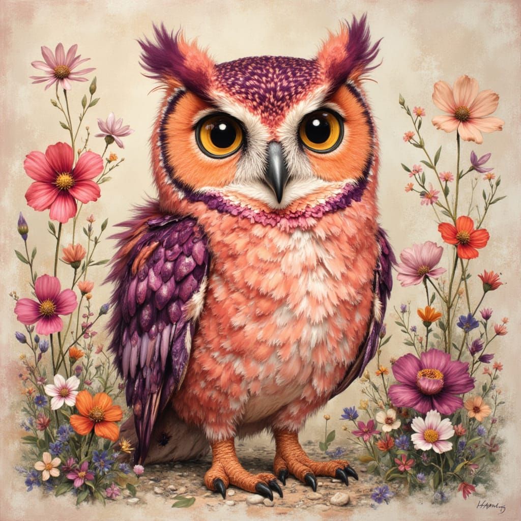 Whimsical Owl Tapestry in Coral, Peach, and Amethyst