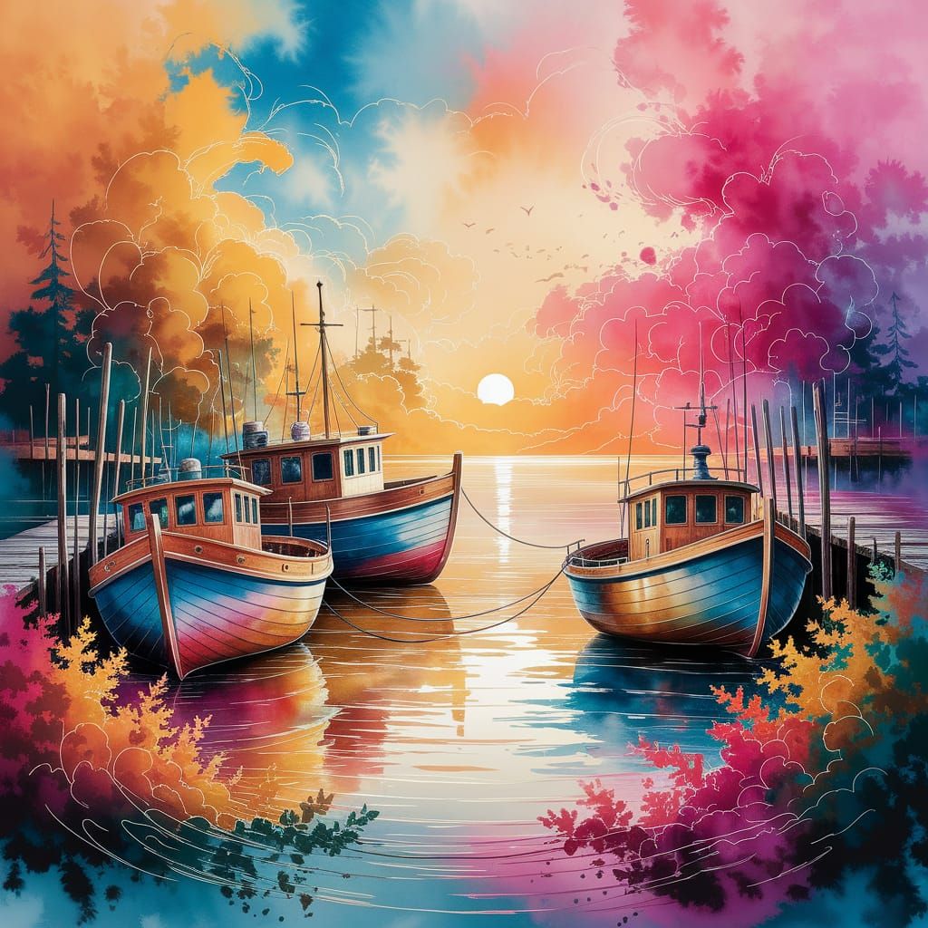 Boatyard at Sunset in Watercolor Oil Painting