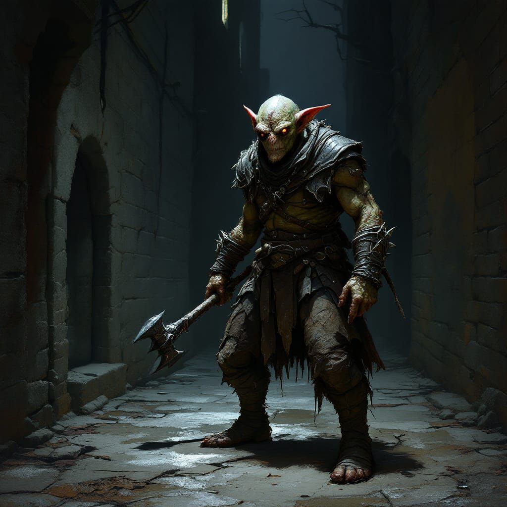 Scarred Goblin Rogue Ready for Battle in Dark Alley