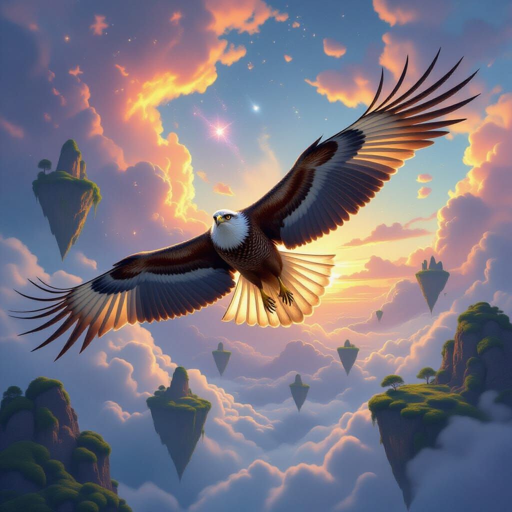 Majestic Hawk Soars Through Surreal Nebula Sky