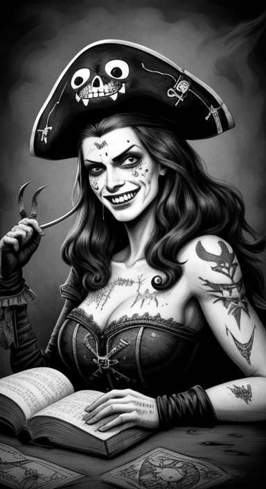 Maniacal Pirate Queen Illustration in Black and White