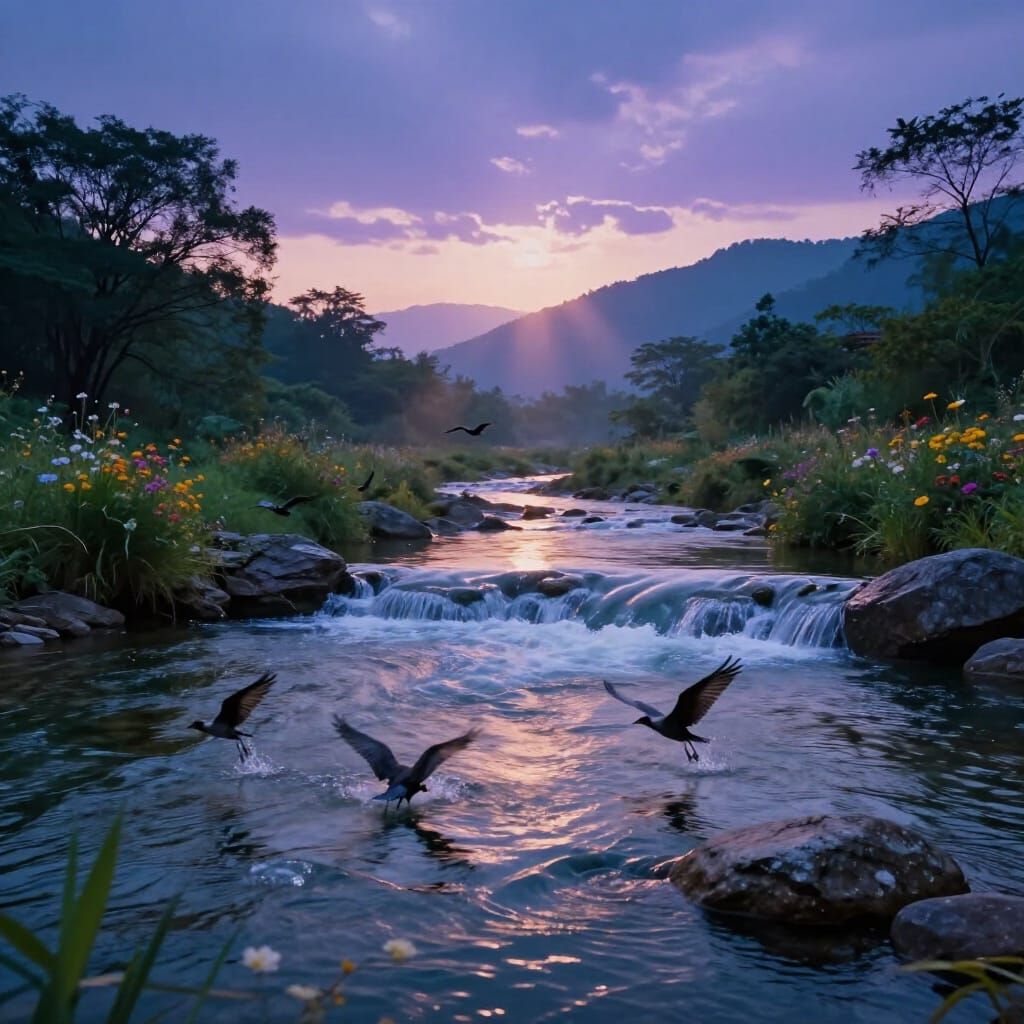Cinematic River at Dusk with Majestic Birds and Misty Mounta...
