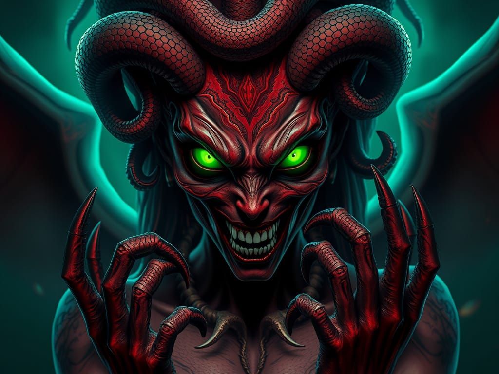 Female Demonic Entity With Snake Hair and Glowing Green Eyes