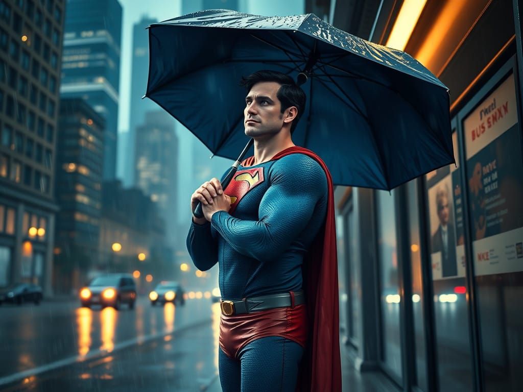Moody Superman at Rainy City Bus Stop in Futuristic Aestheti...