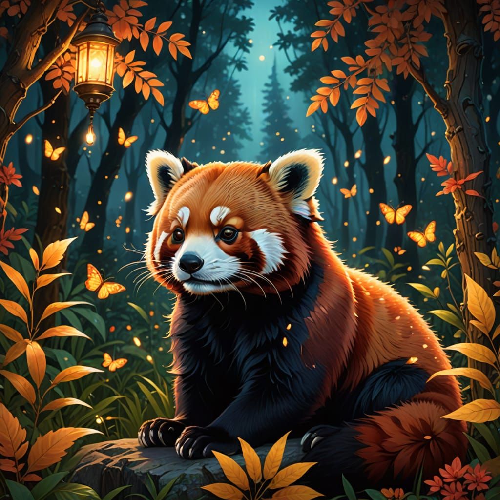 Red Panda in Enchanted Forest with Glowing Flowers