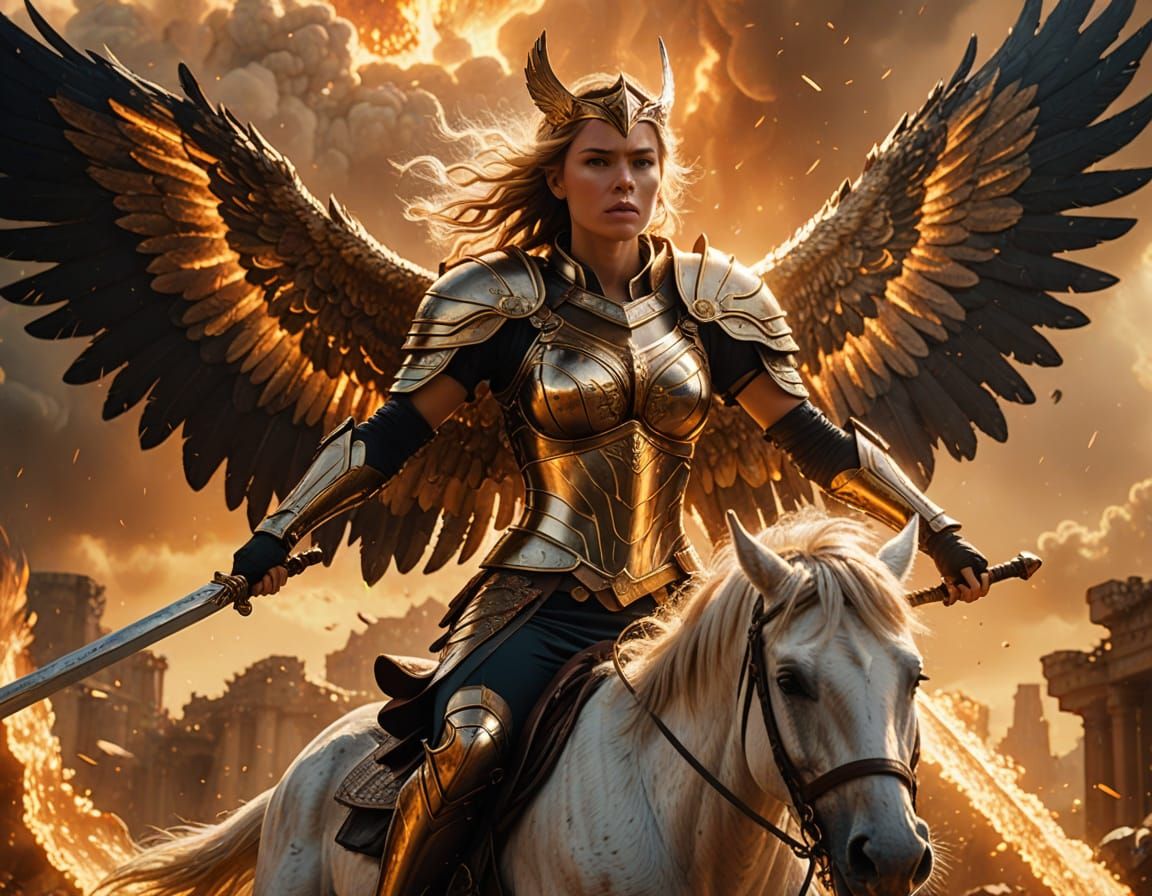 Valkyrie Descends on Winged Steed in Digital Art