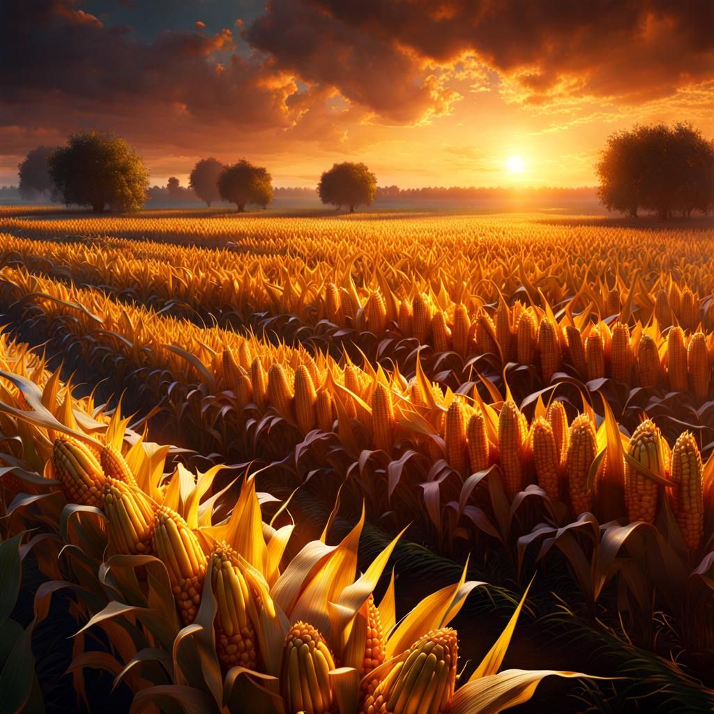 Golden Cornfield at Golden Hour in Dark Fantasy Style