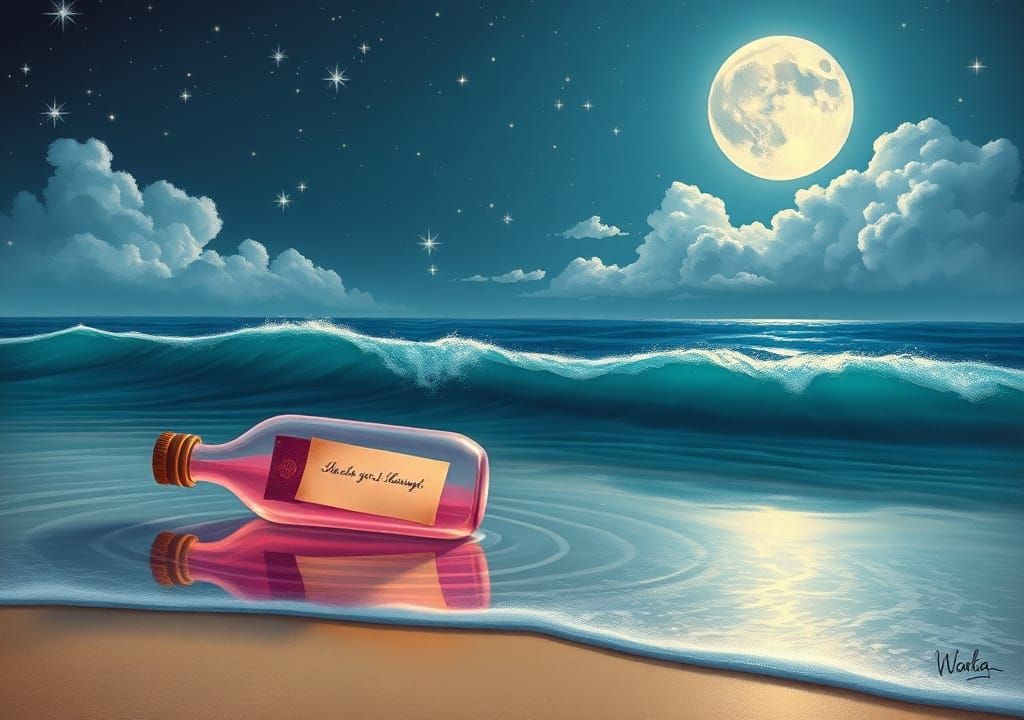 Message in a Bottle: Dreamy Moonlit Beach Scene