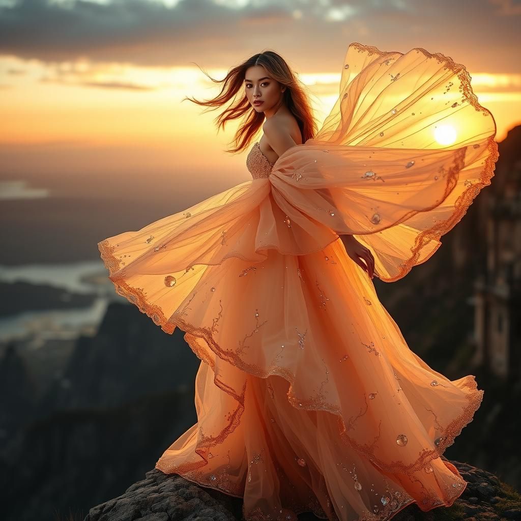 Woman in Tulle Gown on Cliff at Dusk