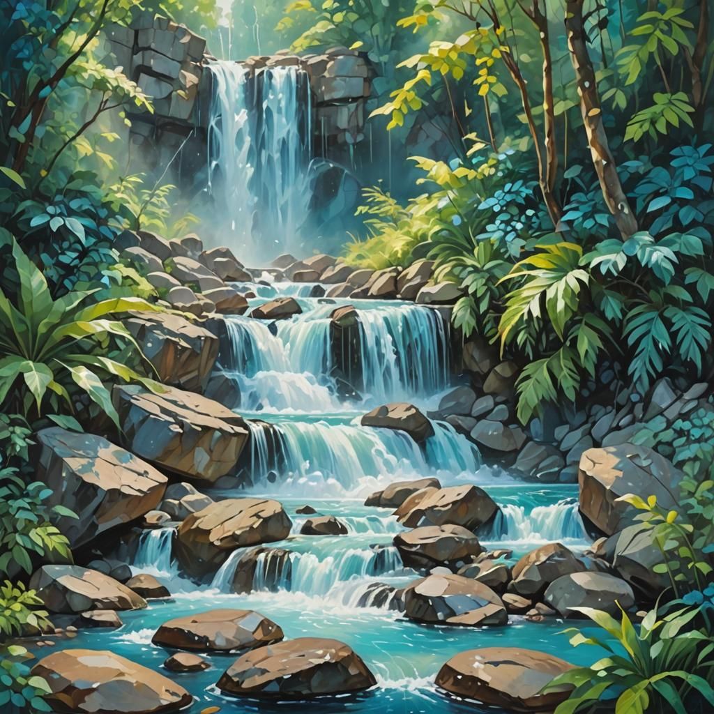 Lush Waterfall in Abstract Impressionist Style