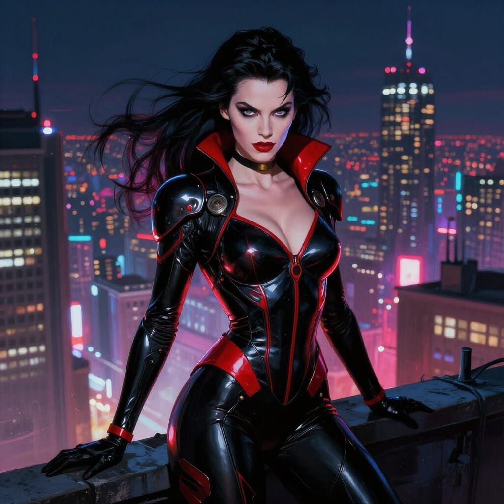 Supervillainess on Rooftop Overlooking Neon City