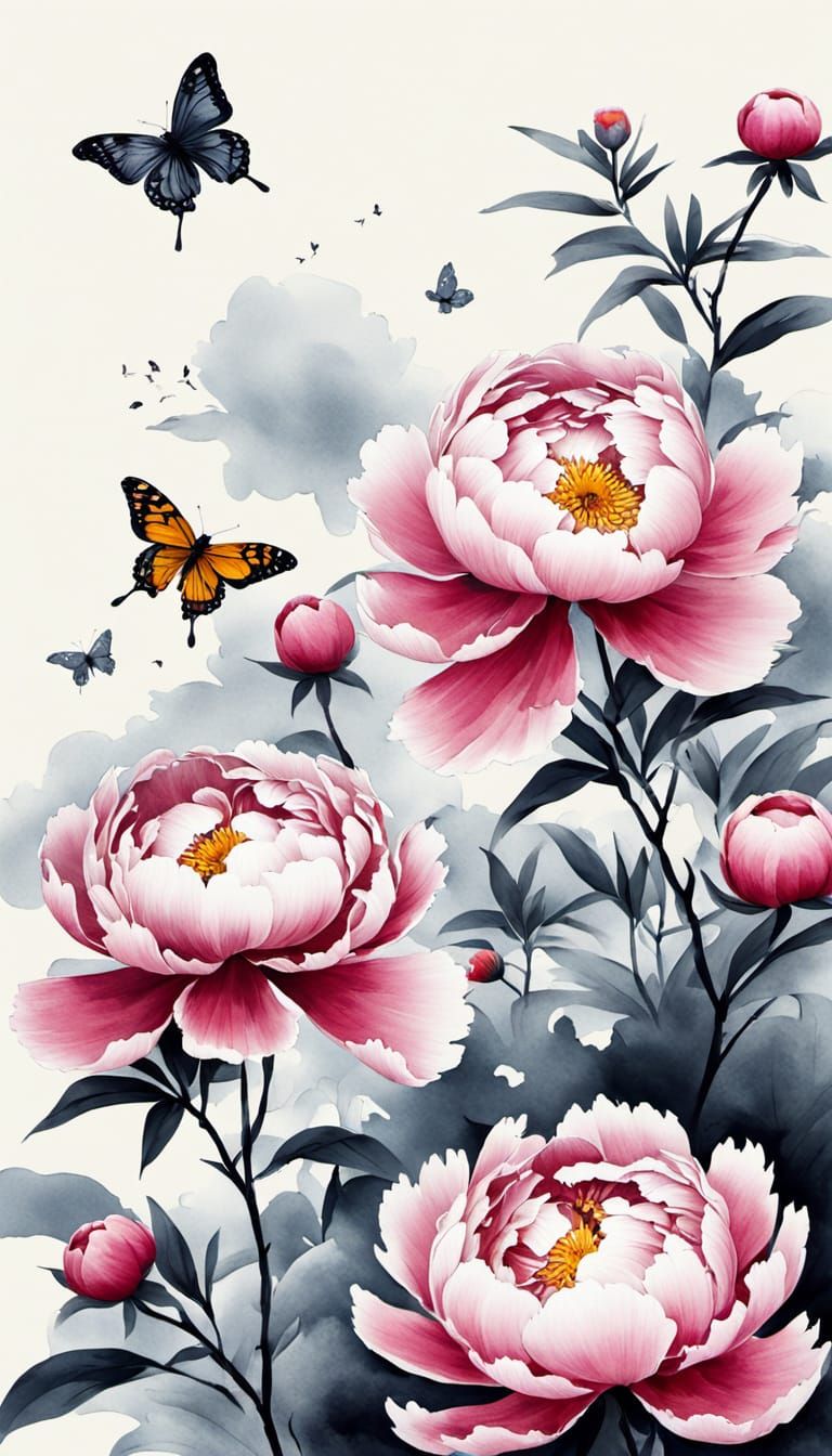 Minimalist Peony Flowers in Chinese Ink Painting