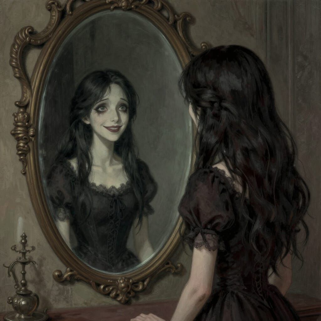 Ayana's Calm Exterior, Eerie Reflection in Ornate Mirror