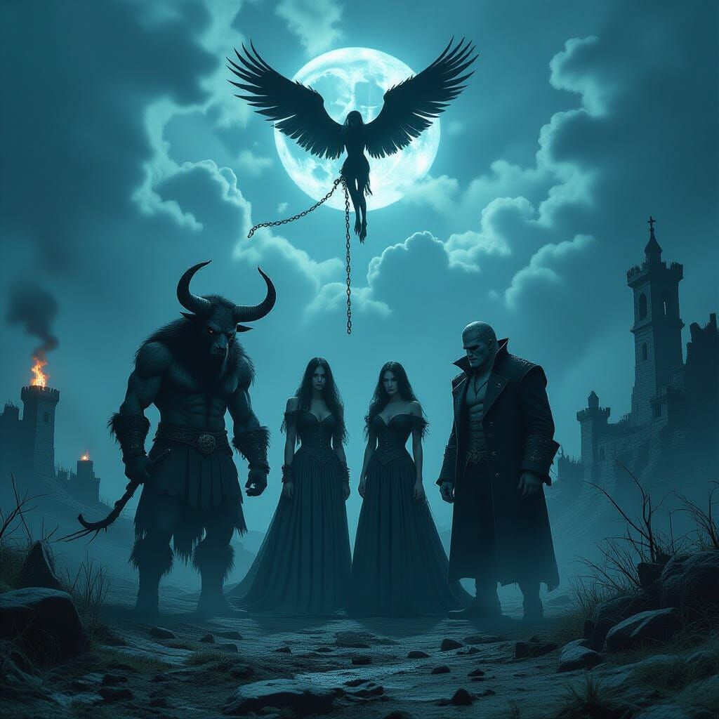 Gothic Monsters Unite in Stormy Gothic Landscape