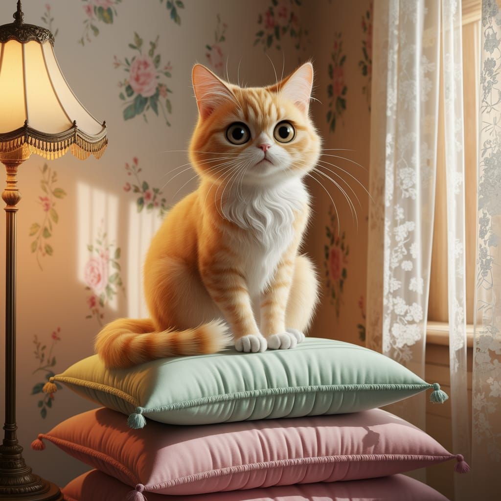 Whimsical Lemon Cat on Pastel Cushions