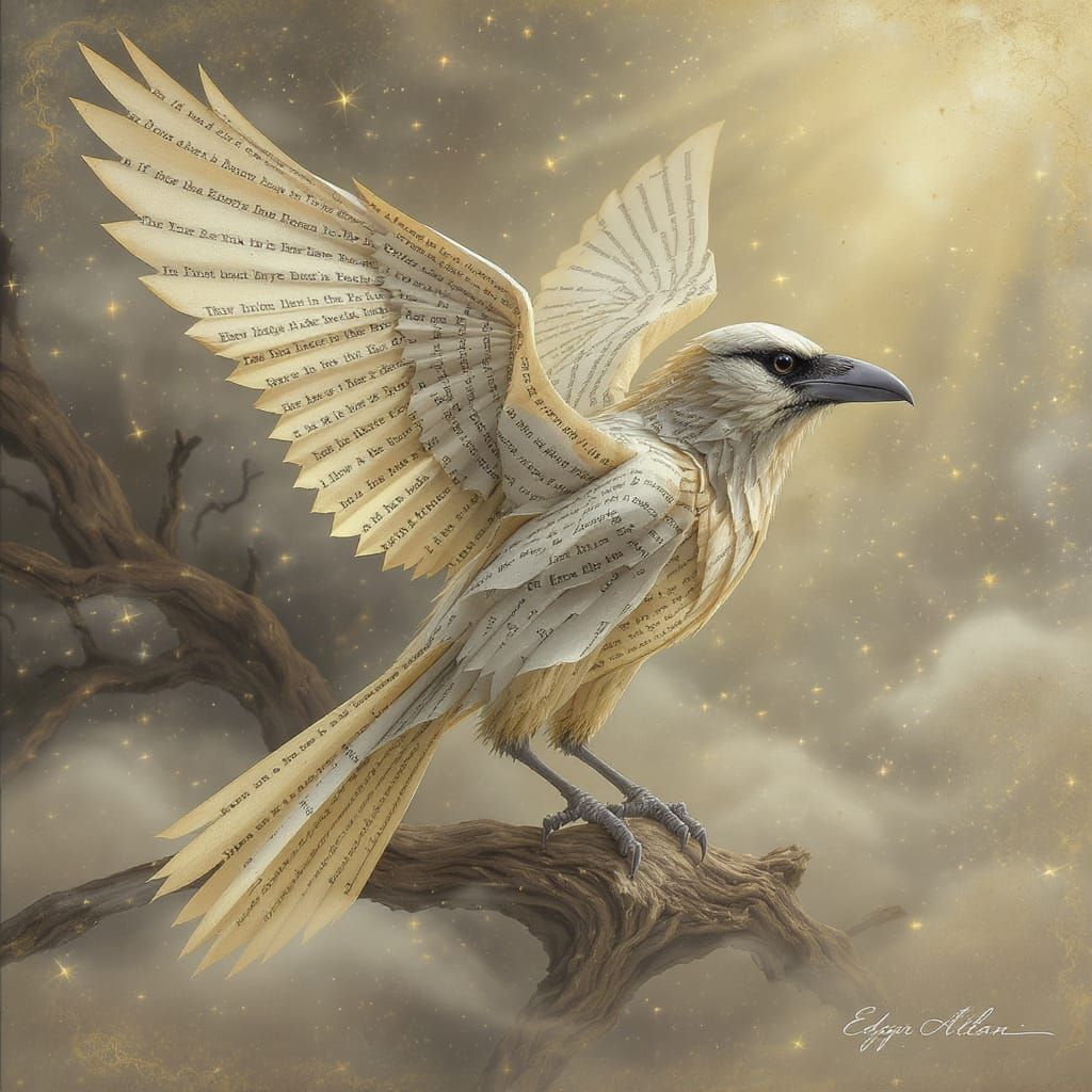 Paper Raven Crafted from Poe Book, Dreamlike Fantasy