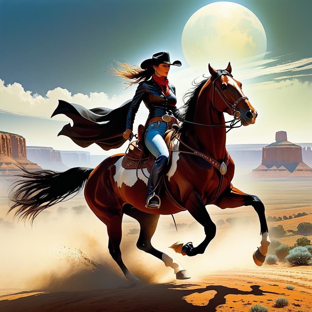 Cowgirl on Horseback in Impasto Style