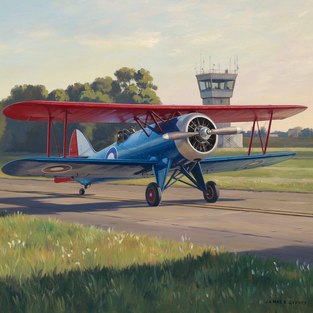 Vintage Biplane on Runway: Oil Painting