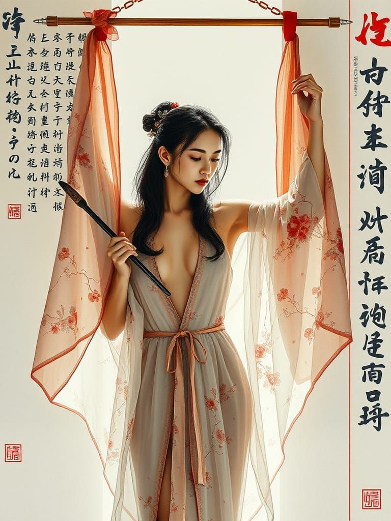 Woman in Embroidered Robe with Calligraphy Brush