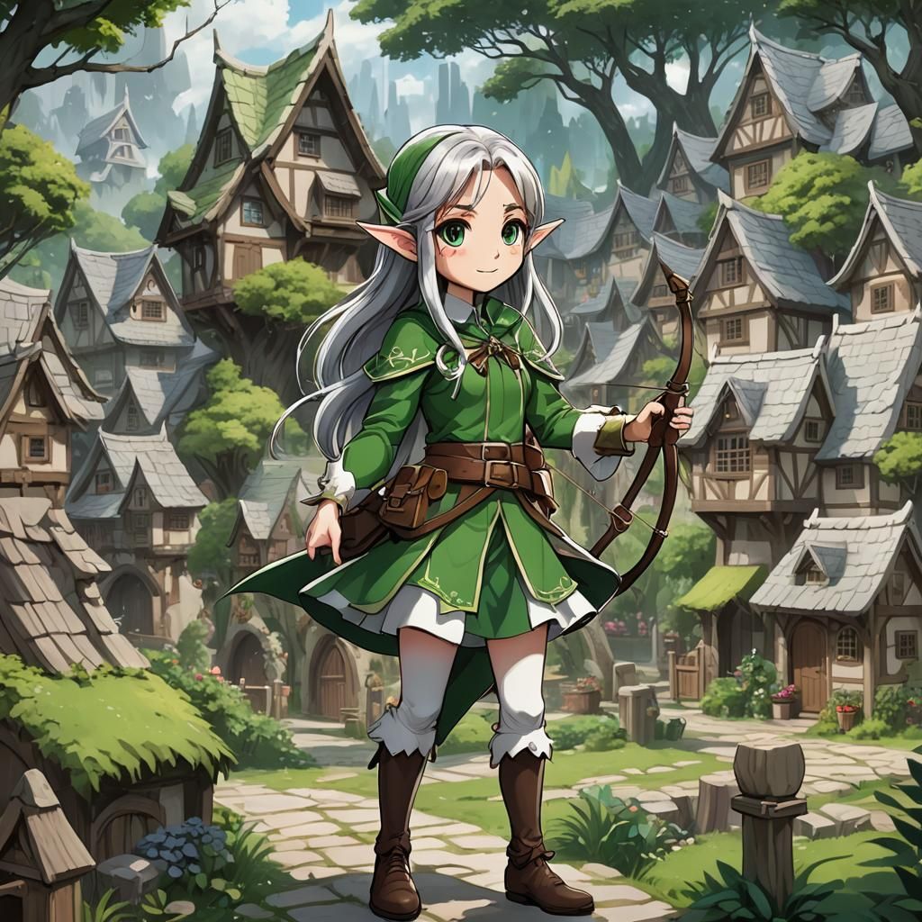 Cute Elf Girl in Forest, Anime Style