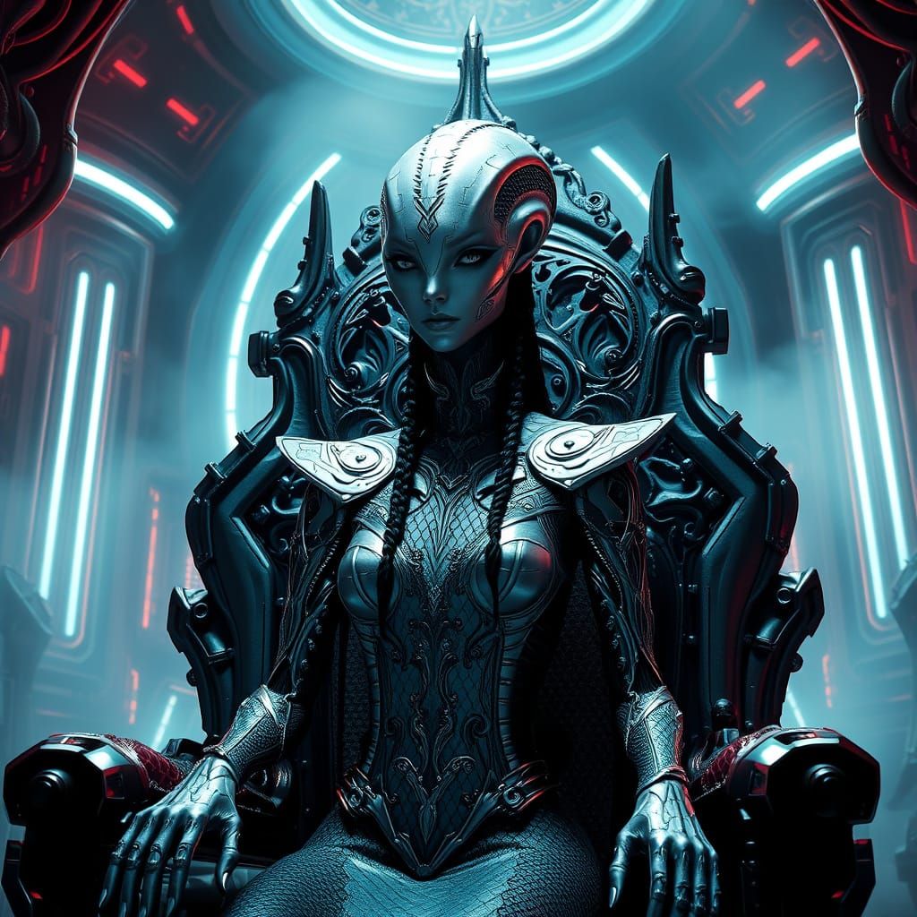Silver-Scaled Alien Queen on Biomechanical Throne