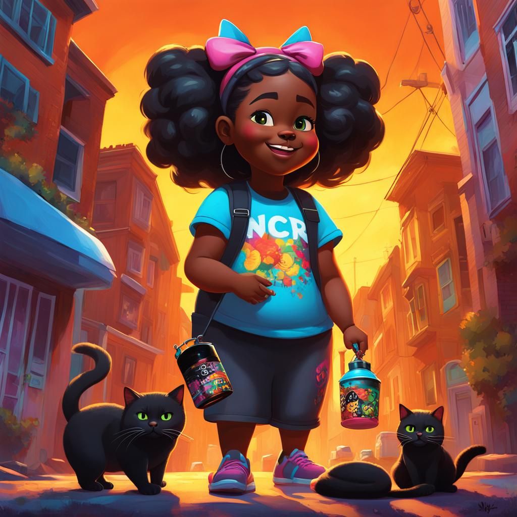 Black Girl and Cats in Colorful Graffiti Art