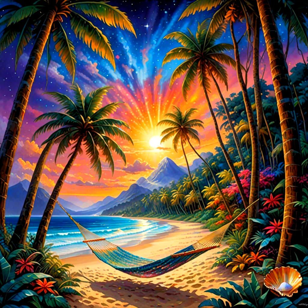 Kaleidoscopic Night Sky over Tropical Beach