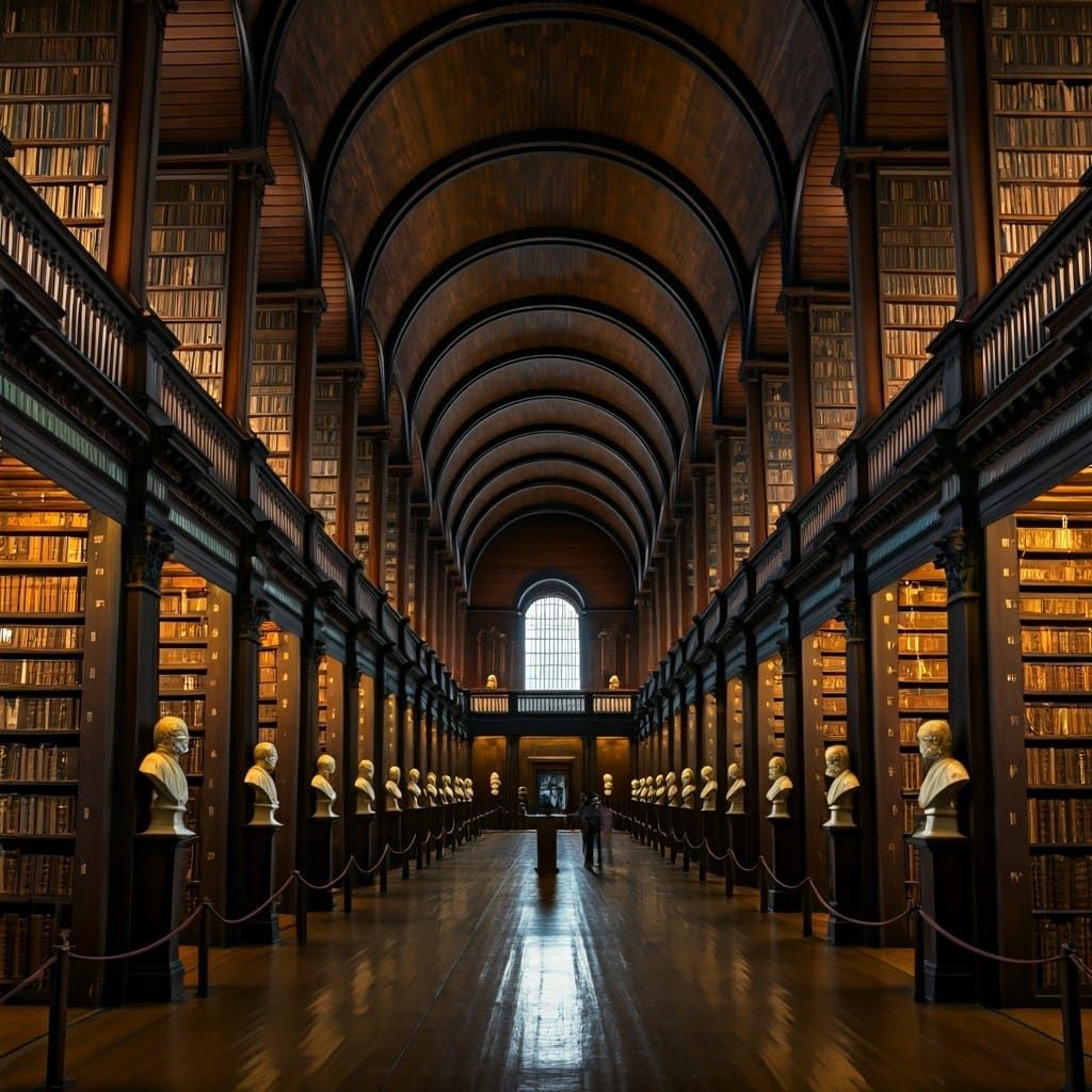 Mystical Library Interior in Warm, Ethereal Light