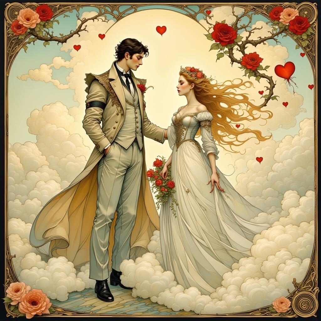 Romantic Encounter: Cupid's Arrow in Art Nouveau Style